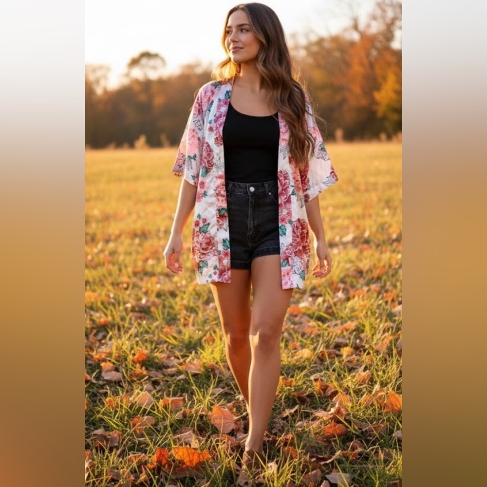 Cotton On Body Peony Floral Print Satin Robe Kimono Duster S/M Romantic Boho EUC